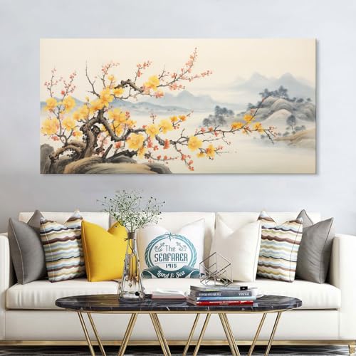 Asian Wall Art Traditional Chinese Painting Oriental Yellow Plum Blossom Canvas Pictures for Wall Decor Home Living Room Cherry Blossom Landscape Artwork Framed Ready to Hang - color: Yellow-One Piece, size: 40"L x 20"W