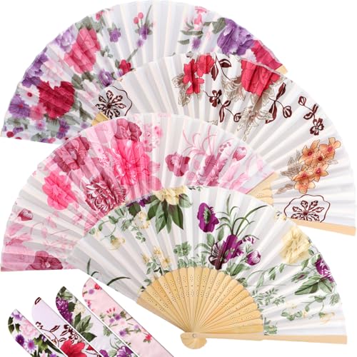 Zonon 4 Pack Hand Held Folding Fans for Women Silk,Spring Flowers - style: Spring Flowers