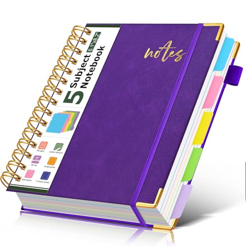 5 Subject Spiral Notebook Journal with Removable Dividers Tabs, 300 Pages Organizer Notebooks for Work School, A5 Hardcover Leather Notebook College Ruled, Lined Journal for Women Men，Purple - color: Deep Purple, size: A5
