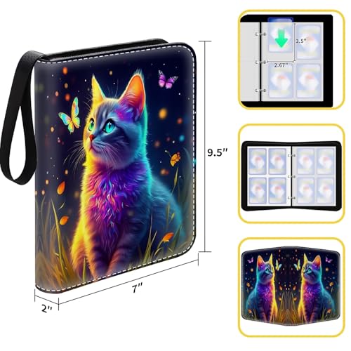 Card Binder 400 Pockets, 50 Sleeves Large Binder Trading Cards Holder 4 Pocket, Storage Organizer, Album Folder Case Protector Collector Gift Colorful Cute Cat Butterfly - color: Colorful Cute Cat Butterfly, size: 4 Pocket