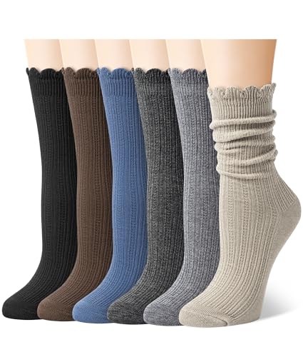 Justay 6 Pairs Ruffle Socks Women, Crew Cotton Frilly Boot Socks - color: Blue Black Brown Khaki Dark Grey Light Grey