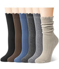 Justay 6 Pairs Ruffle Socks Women, Crew Cotton Frilly Boot Socks - color: Blue Black Brown Khaki Dark Grey Light Grey