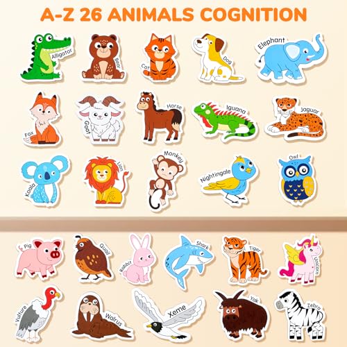 JoyCat Wooden Magnets for Kids, 26 A-Z Animal Fridge Magnets for Toddlers