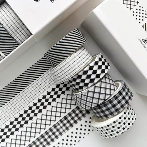 YUBBAEX 6 Rolls Plaid Washi Tape Set, Grid Pattern Masking Tape Classic Checkered Design Decorative for DIY Crafts, Bullet Journal Supplies, Planners, Scrapbook, Card/Gift Wrapping (Black) - color: Black