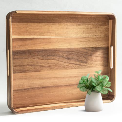 Wooden Serving Tray with Handles, Ottoman Tray for Kitchen Counter/Coffee Table/Living Room Decor,Versatile Tray for Party Rustic Wood ServingTray for Dinner/Breakfast/Snack Entertaining Guests
