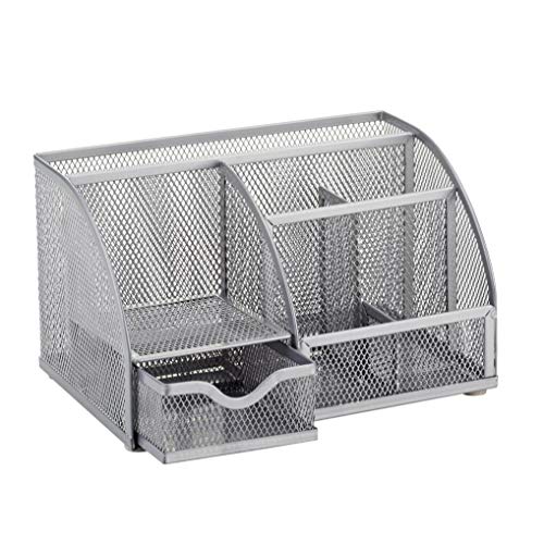 Annova Mesh Desk Organizer Office with 7 Compartments + Drawer/Desk Tidy Candy/Pen Holder/Multifunctional Organizer (Silver) - color: Silver