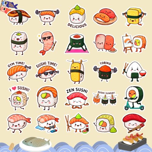 50 Pcs Sushi Stickers, Cute Cartoon Japanese Food Decals, Sushi Vinyl Waterproof Stickers for Water Bottle Laptop Scrapbook Journal Phone Decor Party Favors DIY Crafts Birthday Gifts - color: Sushi - B