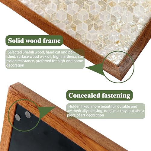 42x32CM White Rectangle Mother of Pearl Inlay Serving Tray with Wood Border - color: White Floral