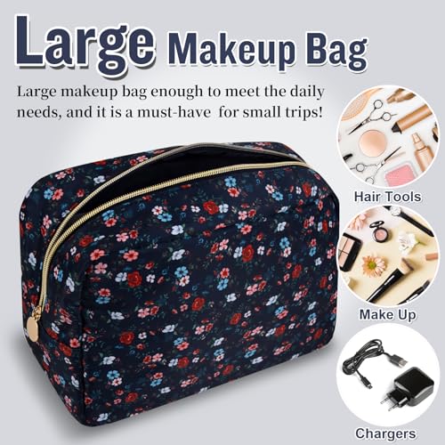 Nylon Large Floral Makeup Organizer Bag, Preppy Big Cute Flower Cosmetic Zipper Pouch Multi-compartment with Dividers, Waterproof Toiletry Makeup Brushes Travel Essentials for Women(Navy Blue-Flower) - color: Navy Blue-Flower, size: Large