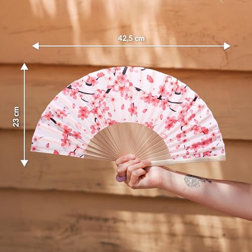 Fisura – Original Sakura Folding Fan, Elegant White Handheld Wooden Fan for Women, Includes Hanger, Perfect for Wedding, Party, Travel or Unique Gift idea - color: Sakura, White