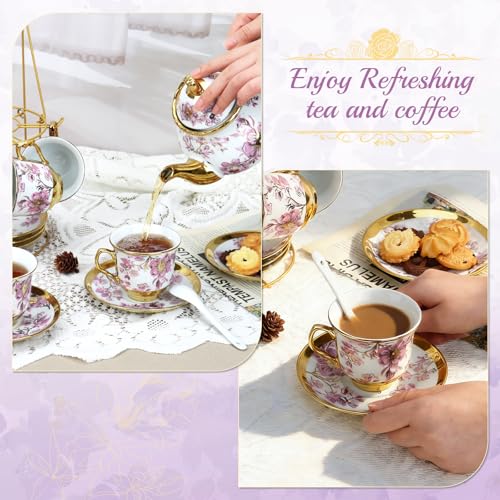 20 Pcs Porcelain Tea Set With Metal Holder,for 6 People,23.7ozTeapot