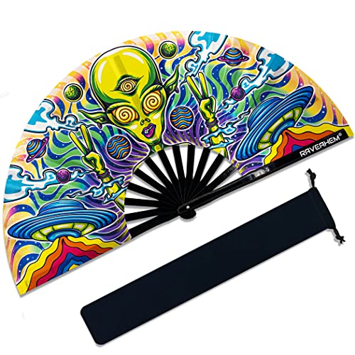 13" Large Rave Fan Bamboo, Folding Clack Hand Fans Foldable for Men Women, Poping Fan for EDM Festival Line Dance Decoration, (Alien, Large 13") - color: Alien, size: Large 13"