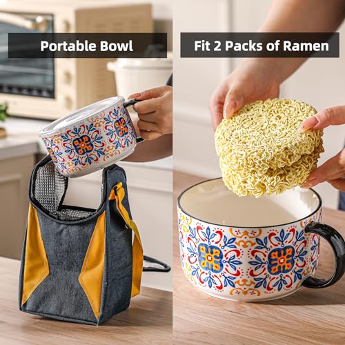 Jumbo Ceramic Soup Bowl with Lid, Microwave Safe - Pattern C - color: Pattern C, size: Set of 1