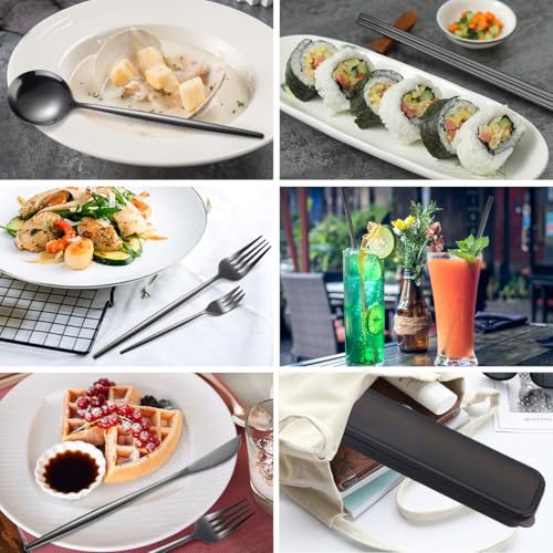AARAINBOW 8 Pieces Stainless Steel Flatware Set Portable Reusable Cutlery Set Travel Utensils Set Including Chopsticks Knife Fork Spoon Straws Cleaning Brush Dishwasher Safe (Black) - color: Black