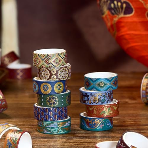 Chinoiserie Gold Foil Washi Tape Set 10 Rolls (Ancient Blue) - color: Ancient Blue