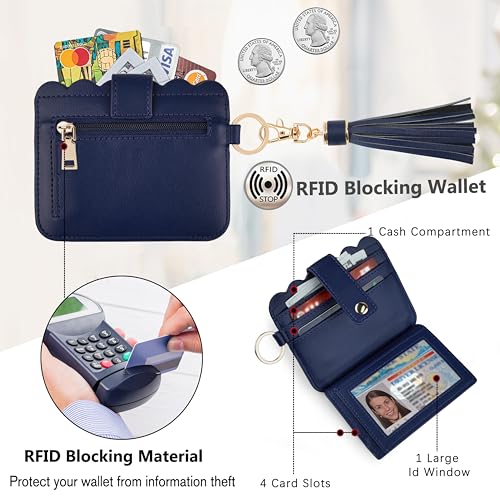 Wristlet Wallet for Women with Keychain – RFID Card Holder Small Wallet Wristlet with Key Ring - color: Navy Blue, style: Classic