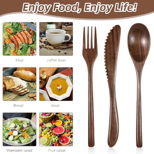 Geiserailie 12 Pcs 12 Pcs Wooden Utensils Spoon Fork Knife Set, Walnut Wood