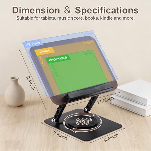 360° Rotating Book Stand with Elastic Page Clips Cookbook Tablet Holder