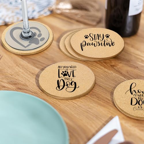 Coasters for Drinks with Set of 6, Cute Dog Coaster for New Home Couples House Warming Gifts Absorbent Paw Cork Wood Bulk for Cup Desk Coffee Table Office Kitchen Decor, Round 4" - color: Dog