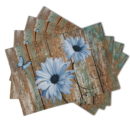 Giwawa Rustic Daisy Placemats Set of 4- Blue Sunflowers on Vintage Wood Board Linen Place Mat- Farmhouse Wooden Washable Heat Resistant Table Mats for Kitchen Dining Cabin Lodge Decor - color: Daisy Blue