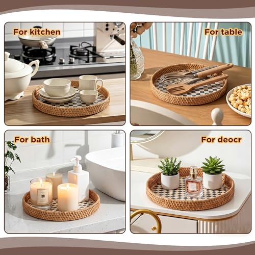 3 Pack Round Rattan Tray with Mother of Pearl Inlay Rattan Serving Tray for Coffee Bread Fruits Decorative Wicker Serving Platter for Table Home Kitchen Decor Black Checkerboard Style, 3 Size - color: Black Checkerboard, size: 3 Size