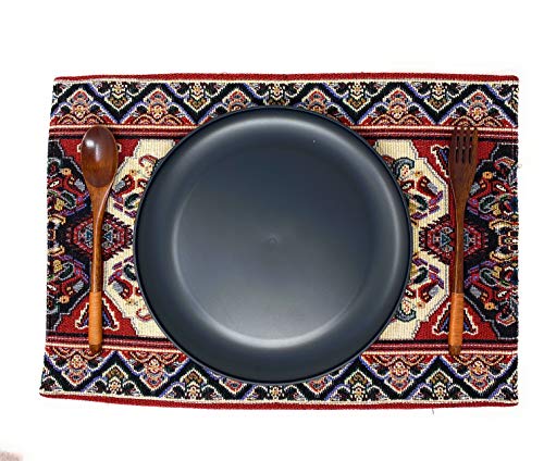 DaDa Bedding Majestic Red Kilim Rug Dining Table Placemats - Set of 4-Pieces Tapestry Cotton Kitchen Mats Royal Persian Tradtional Design - Elegant Intricate Multi-Colorful Floral Ornate - 13” x 19” - color: Majestic Red Kilim Rug
