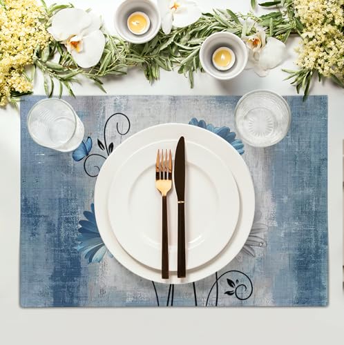 Daisy Placemats Set of 4 Blue Grey Rustic Vintage Floral Table Place Mats 12x18 Inch Seasonal Flower Spring Summer Linen Placemat for Party Kitchen Dining Outdoor Indoor Decor - color: Blue Grey Daisy