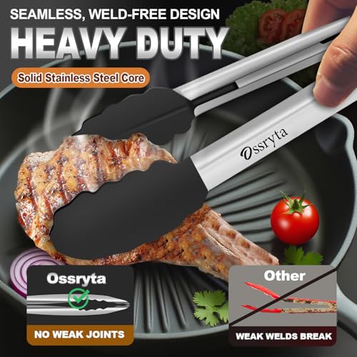 Kitchen Tongs with Silicone Tips - Heat Resistant 600°F Stainless Steel Cooking Tong Set, Non-Stick 7" 9" 12" Locking Silicone Tongs for Cooking, Grilling, Serving & Baking (3-Piece, Black) - color: Black 3 Pieces, size: 7+9+12 inch