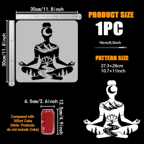 FINGERINSPIRE Yoga Stencil with Paint Brush 11.8x11.8inch Reusable Yoga Pose Stencil Mountains Lotus Flowers Woods Pattern Template Yoga with Natural Scenery Template for Painting on Wood Wall - style: Yoga Pose