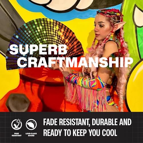 SoJourner Bags Bright Lights Rave Fan - Large Folding Clack Fan for Men and Women - Rave Accessories for EDM, Line Dancing, Cosplay, Concerts and More - color: Bright Lights