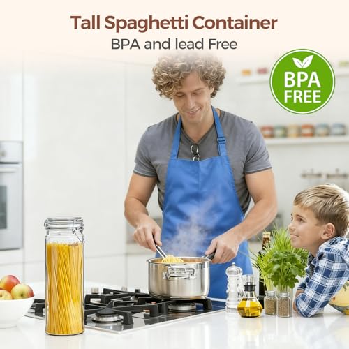 ComSaf Tall Glass Pasta Containers with Airtight Lids 68 oz 3 Pack Canister - size: 68 fl oz x 3 - Tall
