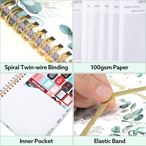Thboxes A5 Weekly Planner, Undated Spiral To Do Notebook, Green Leaves - color: Green Leaves
