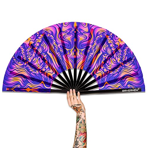 UV Glow Rave Fan, Bamboo Folding Clack Hand Fans Foldable for Men Women, Poping Fan for EDM Festival Line Dance Decoration, (Wellen, Medium 11") - color: Wellen, size: Medium 11"