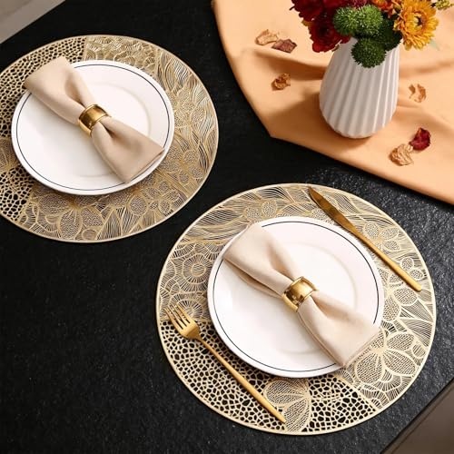 Quantum Love Round Vinyl Placemats Set of 6 Gold Butterfly Hollow Out Washable Place Mats Non Slip Heat Resistant Table Mats for Dining, Wedding, Birthday, Party, Tables Decor - color: Gold Butterfly and Flower