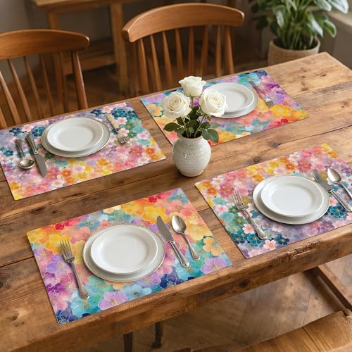 Flowers Table Placemats Set of 4 Place Mats Linen Wipeable Placemats Waterproof Rectangle Table Mat for Kitchen Dining Dinner 18 X 12 Inch - color: Flowers