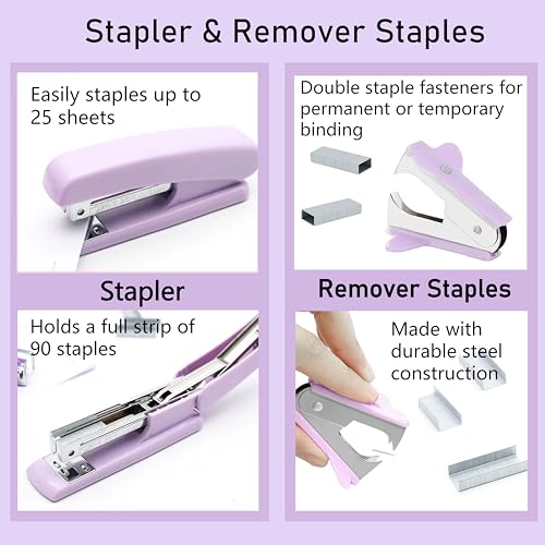 Purple Office Supplies - Purple Desk Accessories: Stapler, Staple Remover, Tape and Pen Holders, Ballpoint Pens, Scissors, Binder Clips, 1000 Staples, Phone and Ruler, Transparent Glue, Notes - color: Purple