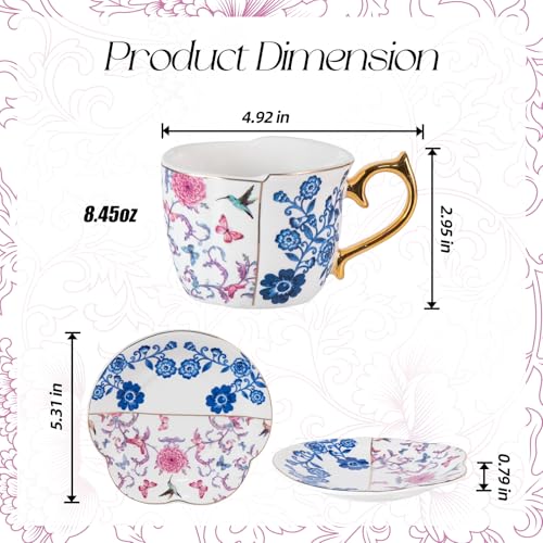 KAMMAK Tea Cups and Saucers Set of 2, 8 oz Porcelain Coffee Cups, YX018 - size: 8CZYX018