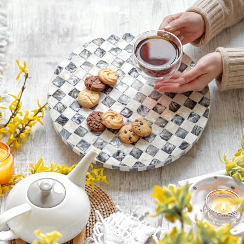Reallnaive Mother of Pearl Lazy Susan, Round, Black White Checkerboard - color: Black White Checkerboard, style: Round