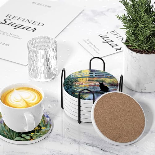 Drink Coasters for Drinks Set of 6, Water Lilies Art and Black Cat Absorbent Round Ceramic Stone Mat Coaster, with Cork Base and Metal Holder, Home Bar Decor House Warming Gift - color: Black Cat 2