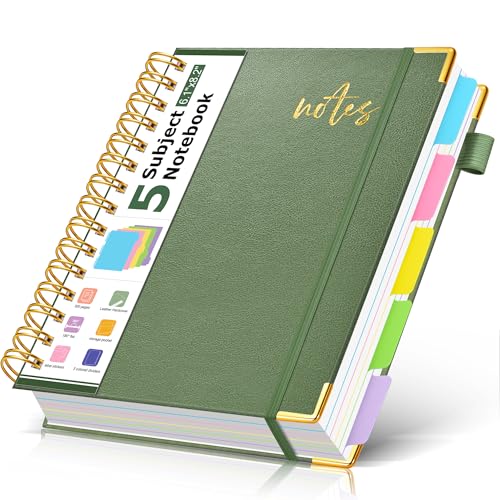 5 Subject Spiral Notebook Journal with Removable Dividers Tabs, 300 Pages Organizer Notebooks for Work School, A5 Hardcover Leather Notebook College Ruled, Lined Journal for Women Men，Sage - color: Sage Green, size: A5