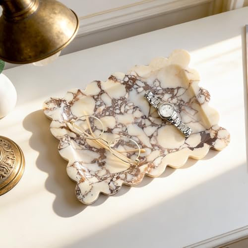 Koville Luxury Calacatta Viola Marble Tray, 11"x8" Scalloped Marble Vanity Tray for Countertop Bathroom Kitchen Dresser, Natural Stone Tray for Jewelry Perfume Home Decor, Decorative Catchall Tray - color: Calacatta, size: 11" x 7.9" x 0.7"