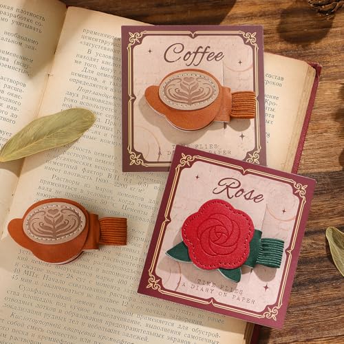 2PCS Magnetic Bookmarks with Pen Clip, Leather Bookmarks for Women, Magnetic Pen Holder Book Accessories - style: Rose & Coffee