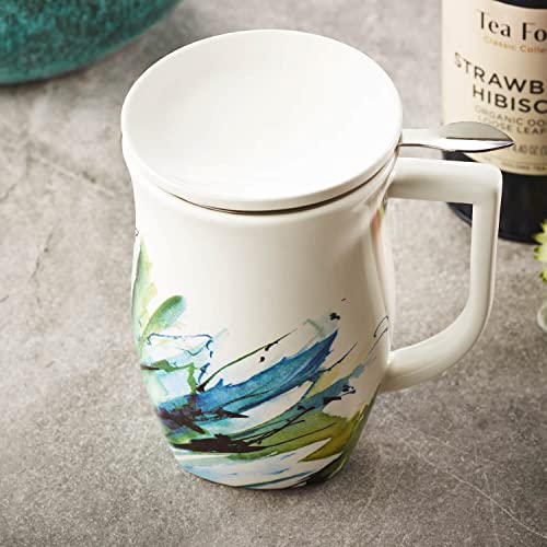 Tea Forte Ceramic Fiore Tea Cup with Infuser, Blue Agave, 14 oz - color: Blue Agave