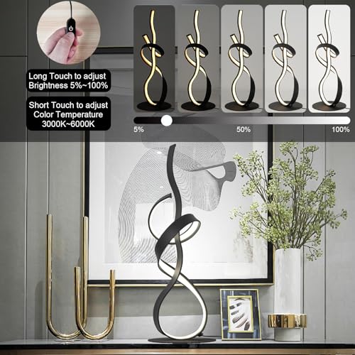 22inch 24W 2700LM Modern Design 3CCT 2700K/4000K/6500K Stepless Touch Dimmable with Remote Control Art LED Table Lamps for Bedroom Bedside Living Room Villa Gift Idea (Black) - color: Black