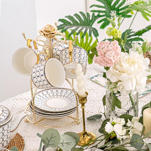 CwlwGO- Bone China Tea Cup Sets,15-Pieces Tea Cup and Saucer Set Service For 4 Whit 28 Ounces Teapot,Sugar Bowl,Creamer Pitcher and Spoons, Tea Gifts Sets For Women Patry. - color: Gold and white