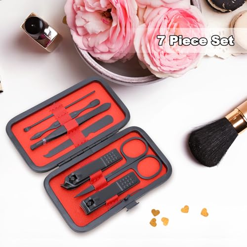 Manicure Set-Stainless Steel Nail Care Set-Professional 7 in 1 Ingrown Toenail Clipper Grooming Tool-Pedicure Kit & Toe Nail Cutter-Thick Nail Scissors Toiletries with Cuticle Trimmer (Black) - color: Black