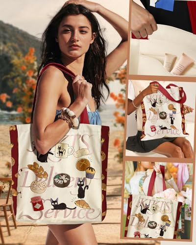 Miss Adola Aesthetic Heavy Canvas Tote Bag - with Pocket for Women Large Size 14''×16''×3.5'' Cloth Cotton Bags for Shopping - color: Cat Cake