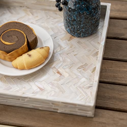 PEMAR 11" Square Mother of Pearl Decorative Tray - Herringbone Shell - color: Creamy White Herringbone