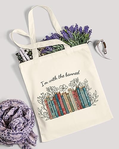 AUSVKAI Canvas Tote Bag Aesthetic Cute For Women College Grocery Bag Cotton Cloth Beach Totes Gift - color: I'm With Banned Book