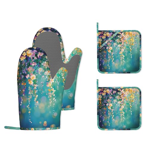 Watercolor Ivy Flower Spring Flower Oven Mitts and Pot Holders (4PCS),Heat Resistant Non-Slip Silicone Kitchen Gloves for Cooking, Baking, BBQ Waterproof Kitchen Accessories - color: Watercolor Ivy Flower Spring Flower